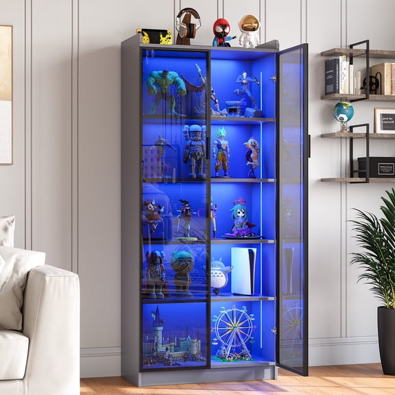 VKCC 65'' Modern LED Display Cabinet with Doors, Tall Storage Bookcase with Adjustable Shelves for Living Room, Grey