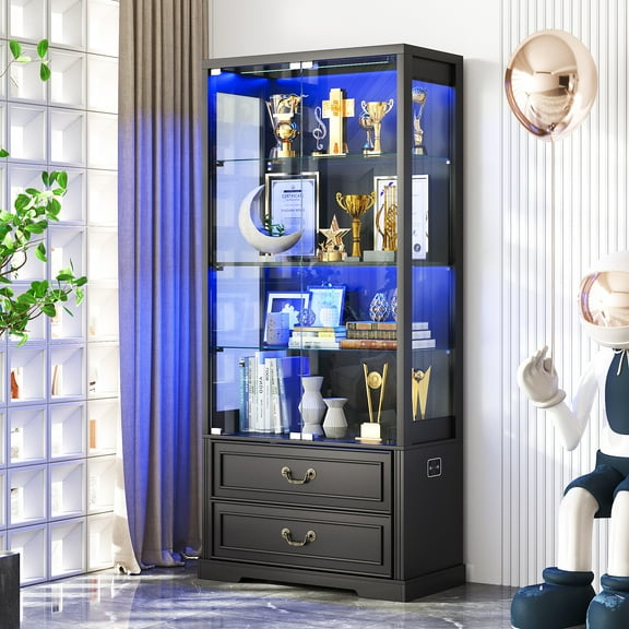 VKCC 66.9" Display Cabinet with LED, Glass Door Curio Showcase with Drawers, 4-Tier Storage for Collectibles, Black