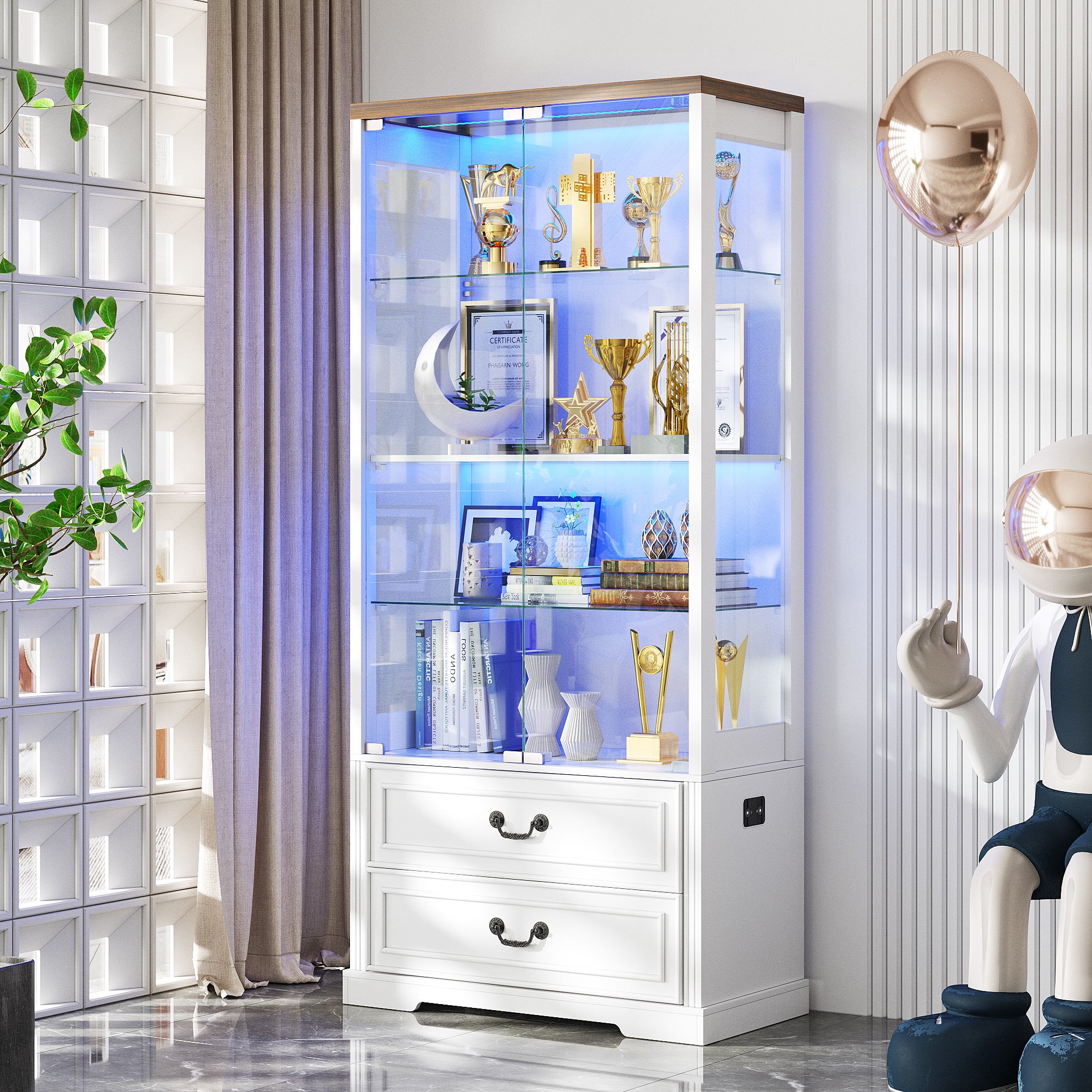 VKCC 66.9" Display Cabinet with LED, Glass Door Curio Showcase with Drawers, 4-Tier Storage for Collectibles, White