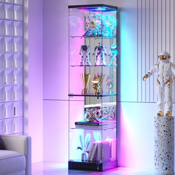 VKCC 66.9" RGB LED Glass Display Cabinet with Lockable Doors, Curio Cabinet for Living Room Bedroom, Black
