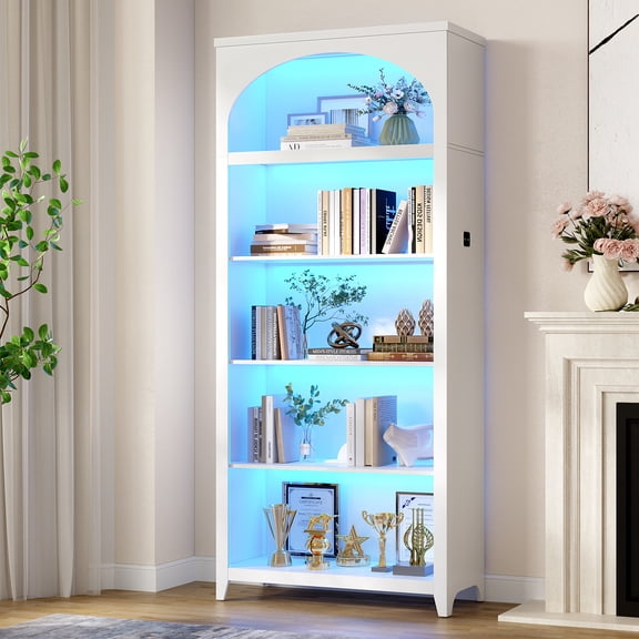 VKCC 69.2" Arched Display Cabinet, 5-Tier Open Shelf with LED & Feet, Storage for Books Collectibles, White