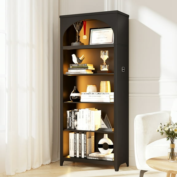 VKCC 69.2" Arched Display Cabinet, 5-Tier Open Shelf with LED & Feet, Storage for Books Collectibles, White