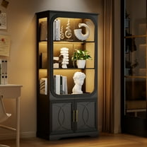 VKCC 69.7" Farmhouse LED Display Cabinet with Glass Door, Adjustable Shelf Curio Bookcase with for Living Room, Black