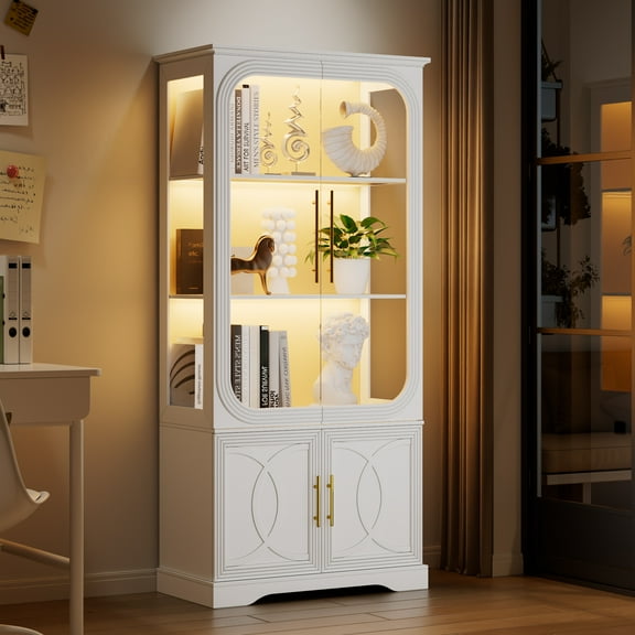 VKCC 69.7" Farmhouse LED Display Cabinet with Glass Door, Adjustable Shelf Curio Bookcase with for Living Room, White