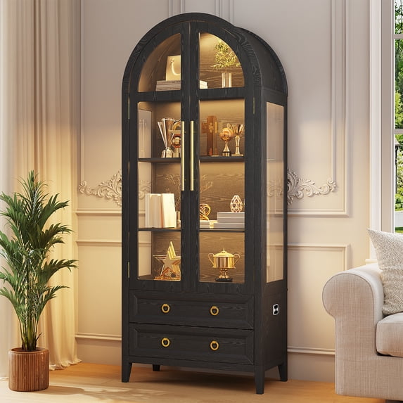 VKCC 70.8" Storage Cabinet with LED, Arched Glass Door & Drawers, Vintage Curio Display Bookcase for Living Room, Black