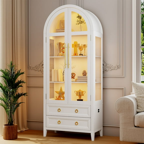 VKCC 70.8" Storage Cabinet with LED, Arched Glass Door & Drawers, Vintage Curio Display Bookcase for Living Room, White