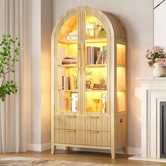VKCC 71" Arched Display Cabinet with Glass Doors,Chain Cabinet with Two Fluted Drawers,4 Tier Curio Cabinet for Display Collectibles,Wood