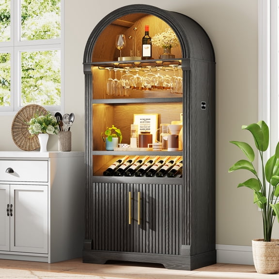 VKCC 71" Tall Arched Bar Cabinet with Wine Rack and Glass Holder,Pantry Cabinet with Led Light, Motion Sensor,Liquor Storage for Kitchen,Dinning Room,Black