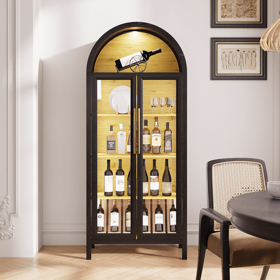 VKCC 72.8" Arched China Cabinet, 5-Tier Display Storage Showcase with LED & Gold Handles, Black