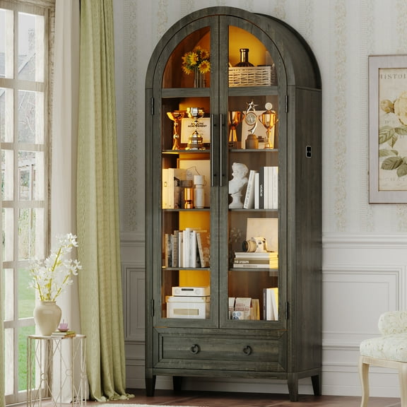 VKCC 73" Arched Farmhouse Display Cabinet with Glass Doors, Modern LED Drawer Storage Bookcase for Kitchen Living Room, Rustic Brown