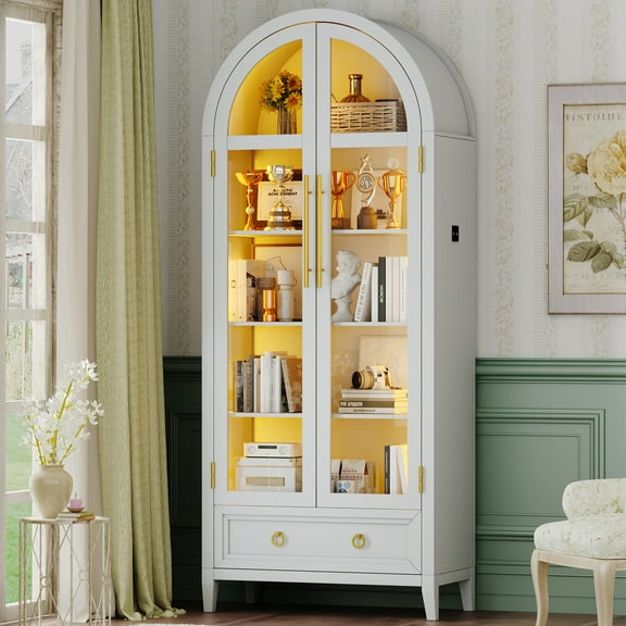 VKCC 73" Arched Farmhouse Display Cabinet with Glass Doors, Modern LED Drawer Storage Bookcase for Kitchen Living Room, White