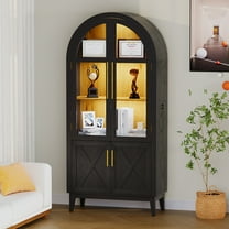VKCC 74.8" Arched LED Display Cabinet with Glass Door , Tall Adjustable Shelf Storage for Living Room Kitchen Office, Black & Wood