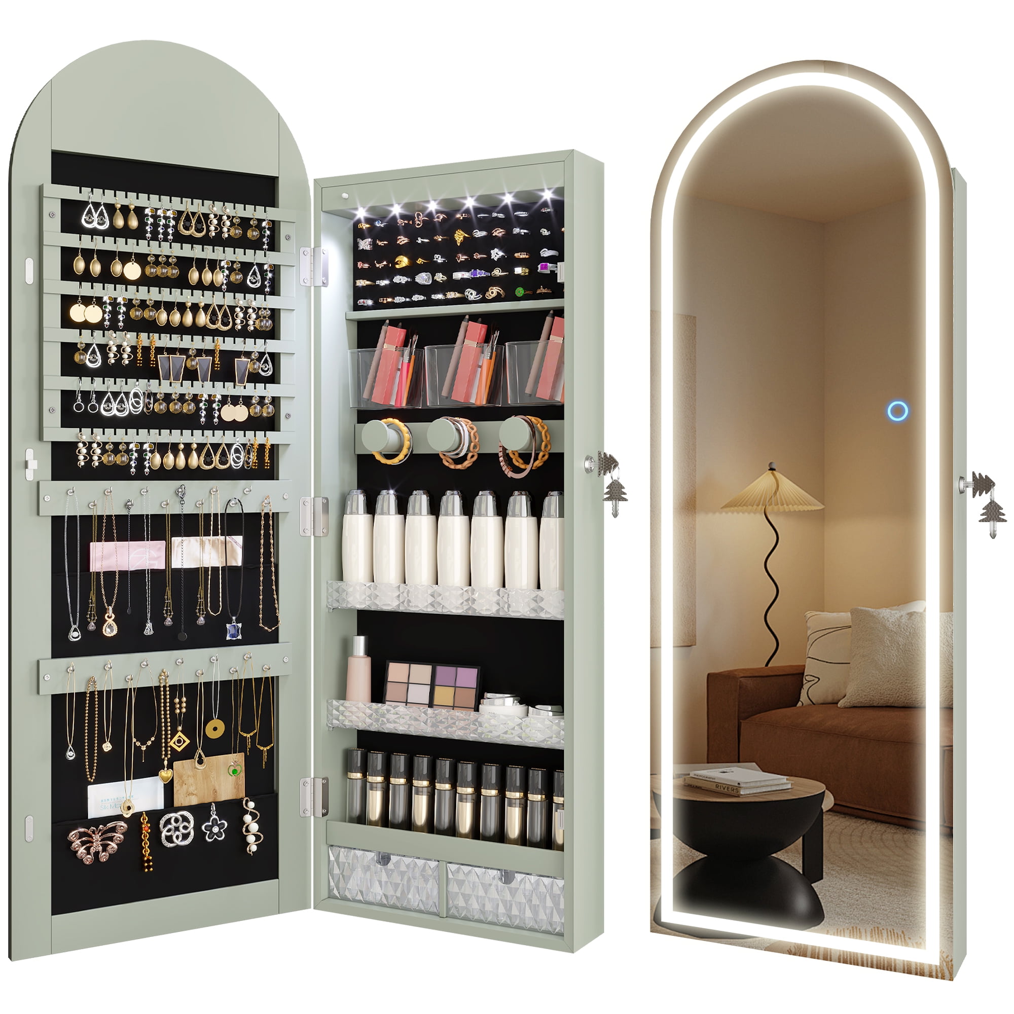 VKCC Arched Full Length Mirror Jewelry Cabinet, Wall Mounted Door