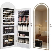 VKCC Arched Full Length Mirror Jewelry Cabinet, Wall Mounted Door Hanging Storage Organizer, LED Lights Lockable Jewelry Box, White