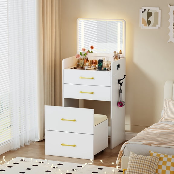 VKCC Compact Vanity Desk Set with Charging Ports, Folding Dressing Table with Drawers for Small Bedroom, White