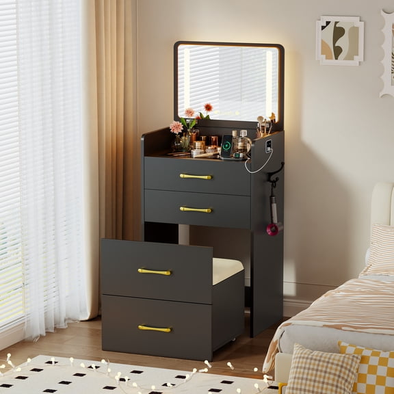 VKCC Compact Vanity Desk Set with Charging Ports, Folding Dressing Table with Drawers for Small Bedroom, White