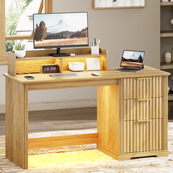 VKCC Computer Desk with Monitor Stand,47" Home Office Desk with RGB LED Lights,Power Outlets,Writing Desk with Storage File Drawer for Working Gaming,Wood