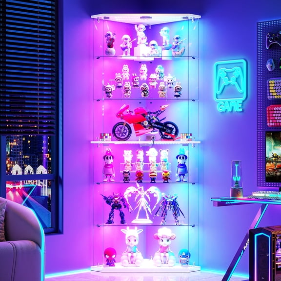 VKCC Corner Glass Display Cabinet with LED Lighted,71" Display Case with Doors,Curio Cabinets With Lock Glass Door for Collectibles,White
