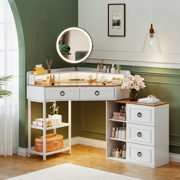 VKCC Corner Vanity Desk with Mirror,Corner Makeup Vanity with Charging Station,3 Color Led Light Settings,5 Drawers and Open Shelves for Girls,White