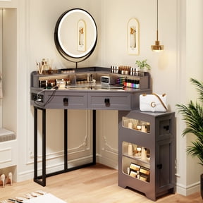 VKCC Corner Vanity Table with Rotating Mirror, Makeup Desk with 3 Color LED Lights, Charging Station & Drawers, Gray