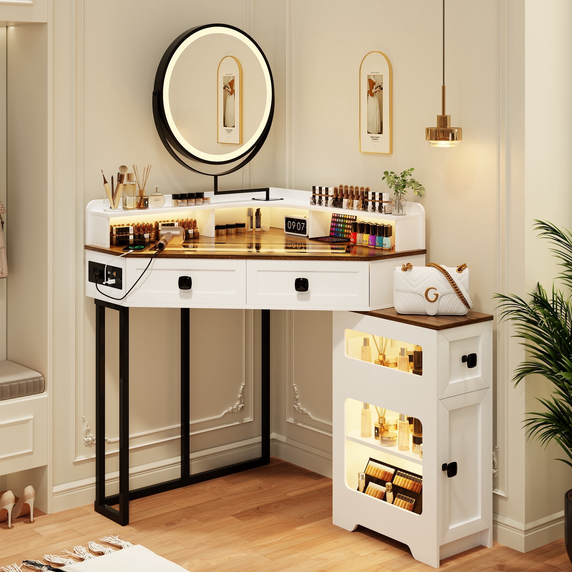 VKCC Corner Vanity Table with Rotating Mirror, Makeup Desk with 3 Color LED Lights, Charging Station & Drawers, White