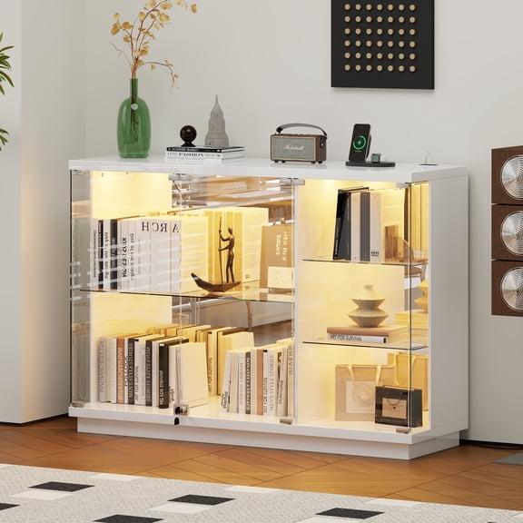 VKCC Display Cabinet with Glass Door and LED, Lockable Curio Cabinet with Charging Station, Adjustable Shelf Sideboard Bookshelf for Living Room, White