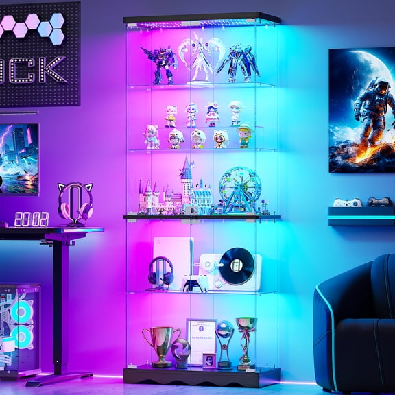VKCC Display Cabinet with Glass Door,Curio Cabinet with RGB LED Lights, 5-Tier Lockable Bookshelf for Living Room,Black