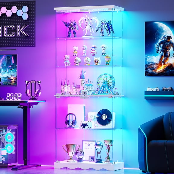 LED Lights Glass Display Cabinet 4 Shelves with Door, Floor Standing ...