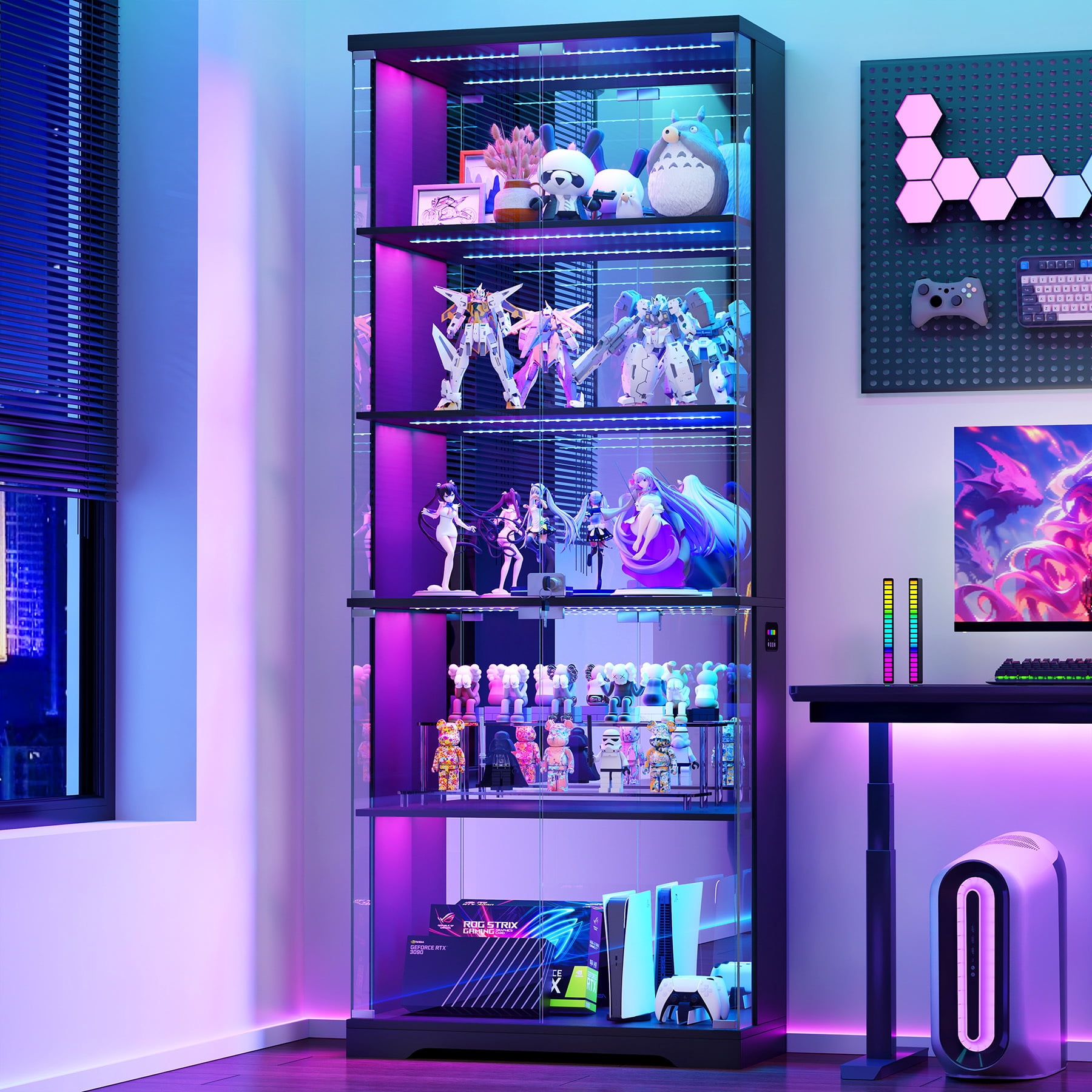 VKCC Display Cabinet with Glass Door, Lockable Curio Cabinet with RGB ...