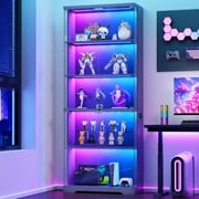 VKCC Display Cabinet with Glass Door, Lockable Curio Cabinet with RGB, 5-Tier Bookshelf for Living Room, Grey