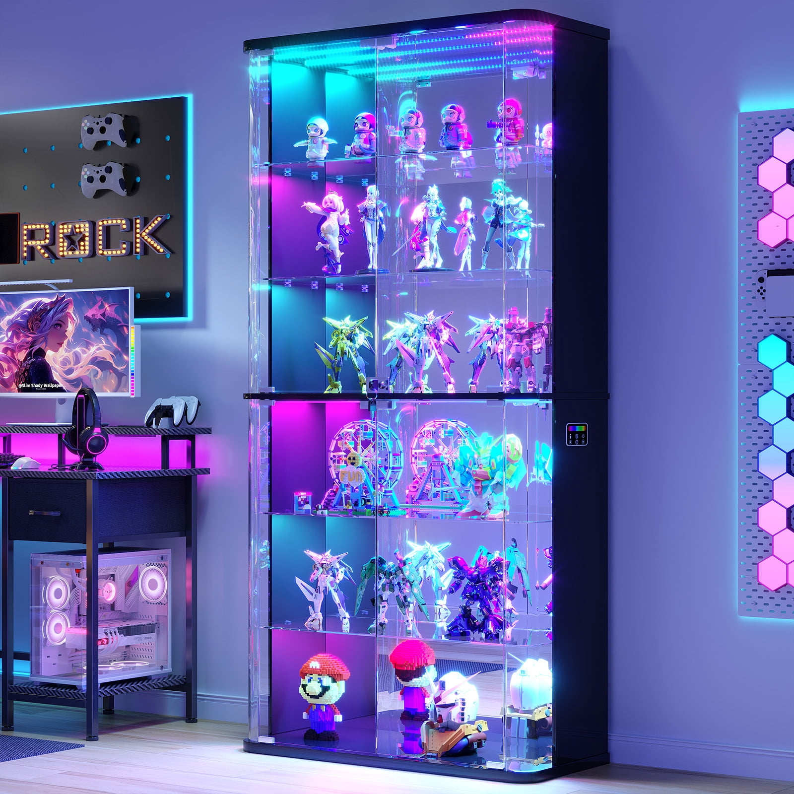 VKCC Display Cabinet with Glass Door and RGB, Lockable Curio Cabinet with Tempered Glass & Curved Acrylic Side, Bookshelf for Living Room, Black