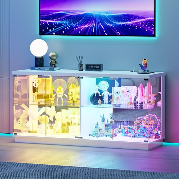 VKCC Display Cabinet with Glass Doors and Sensor RGB Lights,Cuiro Cabinet with Charging Station,Display Case for Living Room,White