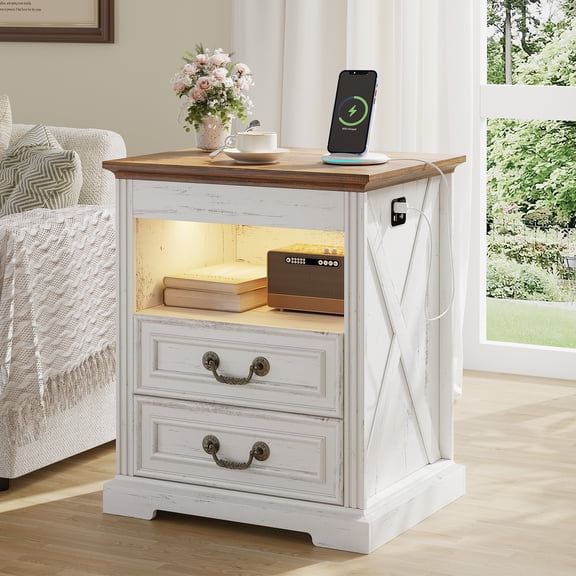 VKCC Farmhouse Nightstand with LED and Hidden Drawer, 2 Drawers Bedside Table with Charge Station for Bedroom Living Room, White