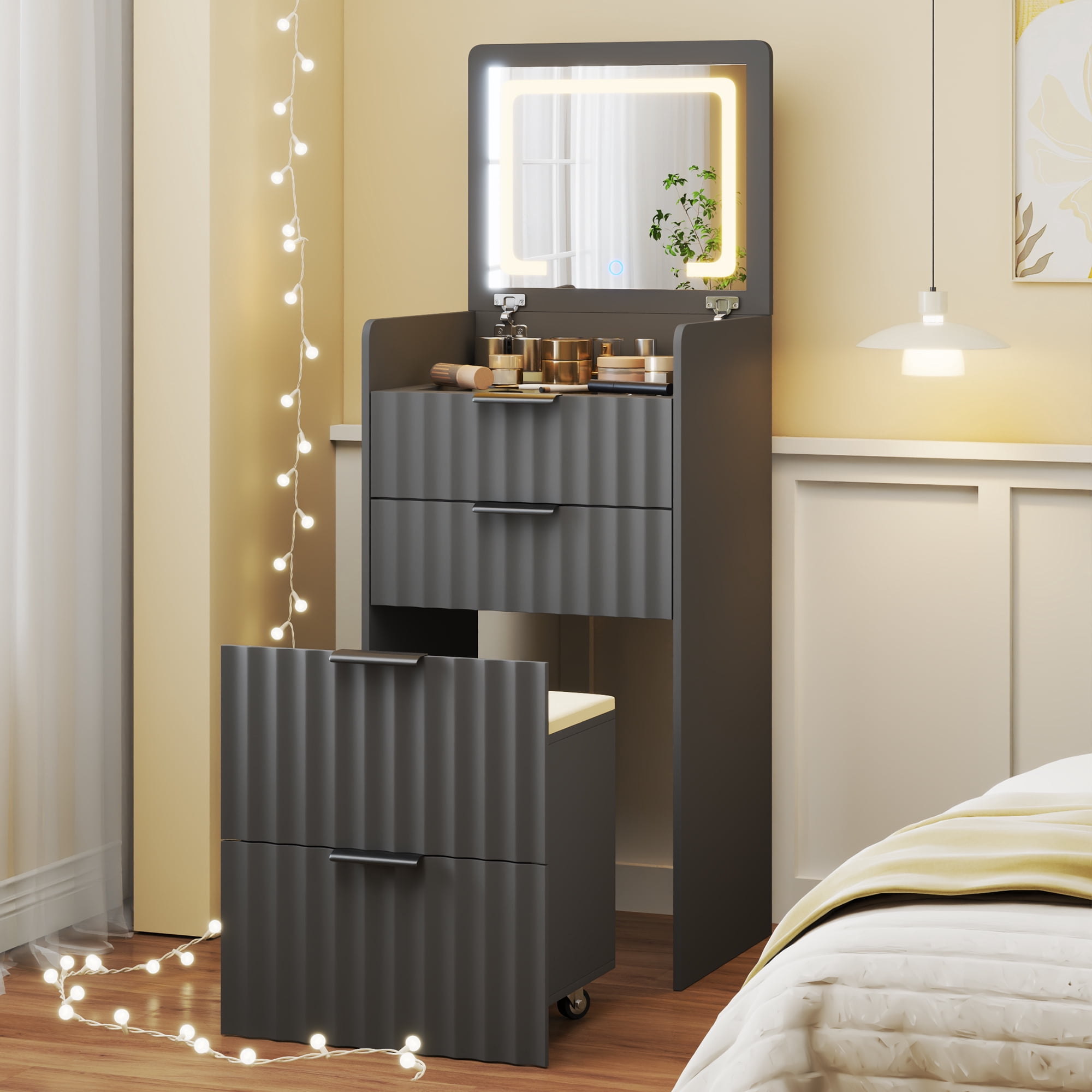 VKCC Folding Vanity Table Set with Drawers, LED Mirror Dressing Desk
