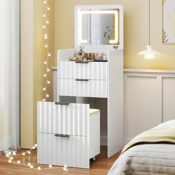 VKCC Folding Vanity Table Set with Drawers, LED Mirror Dressing Desk with Moving Stool for Small Bedroom, White