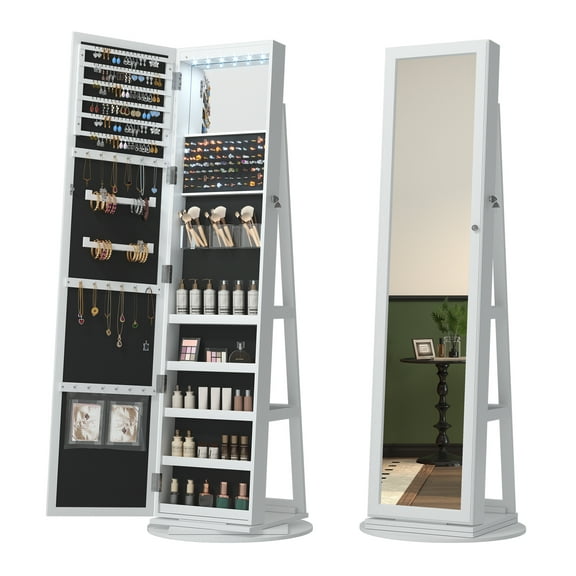 VKCC 61" Free Standing Jewelry Armoire with Full Length Mirror, 360° Rotatable Storage Cabinet & LED Makeup Organizer for Bedroom, White