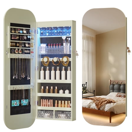 VKCC 42.5" Full Length Mirror Jewelry Cabinet with LED, Wall Door Mounted Freestanding Lockable Storage Jewelry Armoire for Bedroom, Green