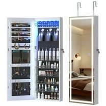 VKCC Full Length Mirror Jewelry Armoire, Wall Mounted Door Hanging Cabinet Storage Organizer, LED Lockable Jewelry Box, White