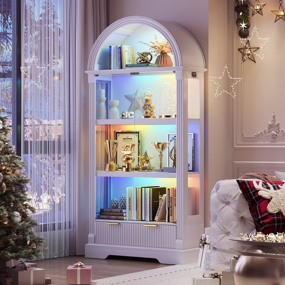 VKCC Glass Display Cabinet with Glass Doors,72.8" Tall Arched Curio Cabinet with RGB Light,4-Tier Large Shelf Display Case for Collectibles Living Room,White