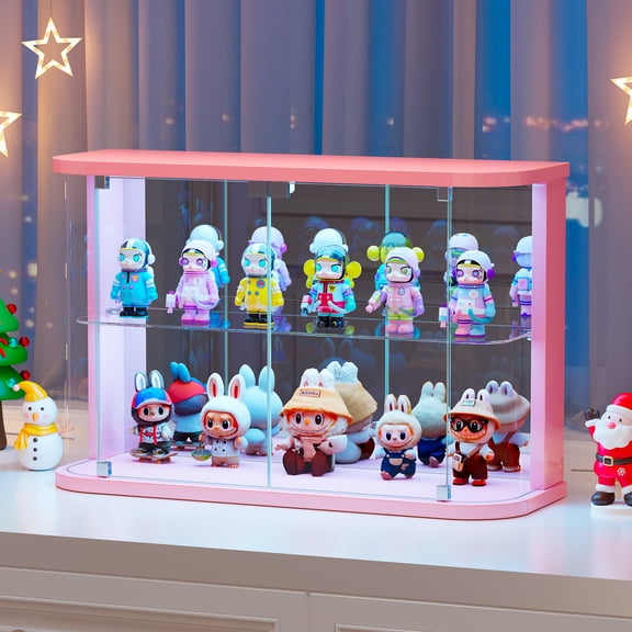 VKCC Glass Display Case wIth 2-Tier,Curio Display Cabinet with Glass Doors and RGB Lights,Small Lighted Display Box with Glass Shelf,Pink