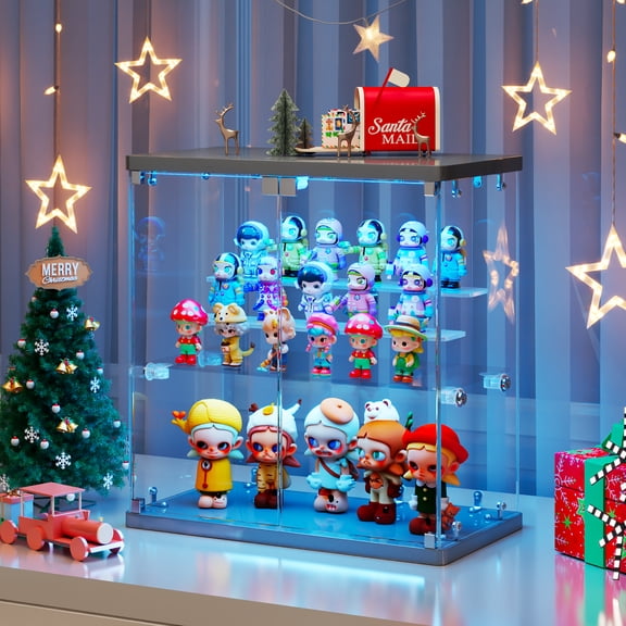 VKCC Glass Display Case with RGB Lights,15.75" Display Case with Glass Doors,Curio Cabinet with Adjustable Shelves for Collectibles,Gray