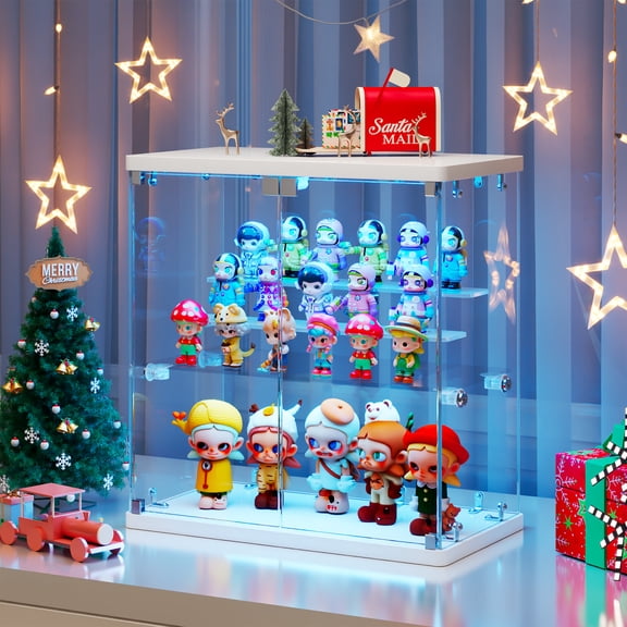 VKCC Glass Display Case with RGB Lights,15.75" Display Case with Glass Doors,Curio Cabinet with Adjustable Shelves for Collectibles,White
