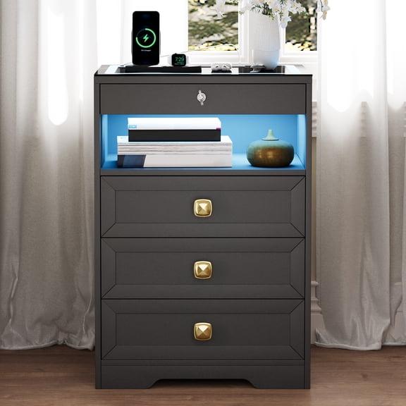 VKCC Glass Top LED Nightstand with Auto Sensor & Wireless Charging,USB & Type-C & Wireless Charging Station,Lockable Hidden Drawer,3 Drawers,Night Stand for Bedroom,Black