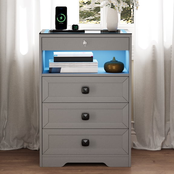 VKCC Glass Top LED Nightstand with Auto Sensor & Wireless Charging,USB & Type-C & Wireless Charging Station,Lockable Hidden Drawer,3 Drawers,Night Stand for Bedroom,Gray