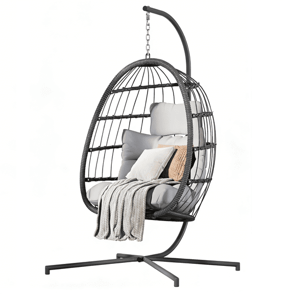 VKCC Hanging Egg Chair with Stand, Outdoor Indoor Wicker Swing with Cushion, Round Basket Seat & Steel Frame, Patio Porch Bedroom Hammock, Grey
