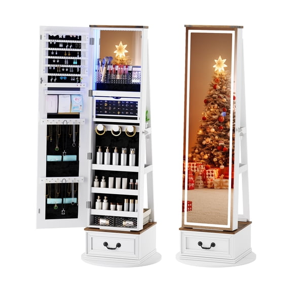 VKCC LED Mirror Jewelry Cabinet Standing, 360°Swivel Jewelry Armoire with Full Length Mirror,White