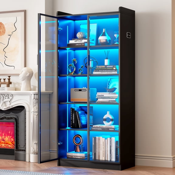 VKCC Display Cabinet with Glass Door, LED Cabinet with Adjustable Shelf, Bookshelf Sideboard for Living Room