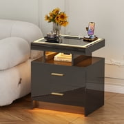 VKCC Modern 2-Drawer LED Nightstand with Charging Station, Bedside Table for Bedroom Living Room, Black