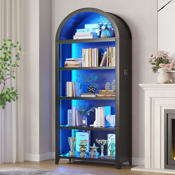 VKCC 68.9" Arched LED Bookcase with 5 Shelves, Modern Bookshelf for Living Room Office, Black