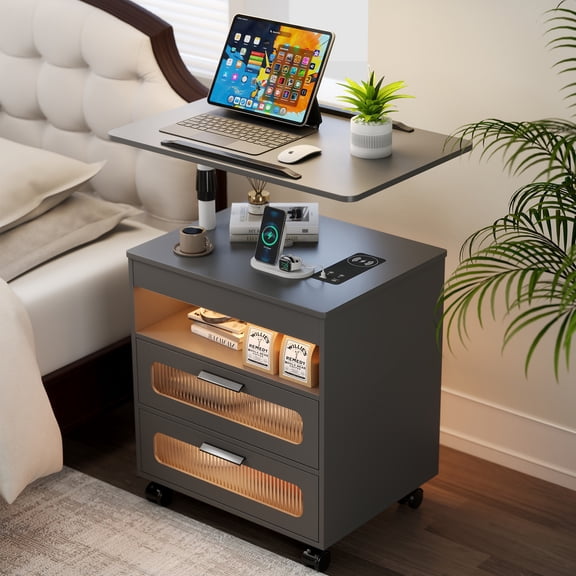 VKCC Modern 2-Drawer Rolling Nightstand with LED & Charging Station, Adjustable Height Bedside Table, Grey